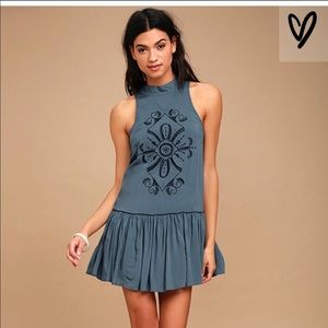 LuLu’s ADALIA TEAL BLUE EMBROIDERED backless dress